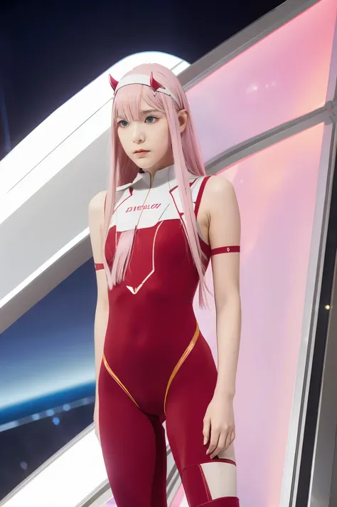 dynamic angle,ultra-detailed, illustration, straight on, 1girl, ((Zero two, interface headband with a pair of horns, red bodysuit:1.4, pink hair)), Her eyes shone like dreamy stars,(glowing eyes:1.233),(beautiful and detailed eyes:1.1),(expressionless, clo...