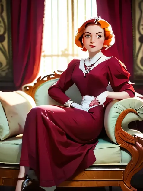 arafed woman in a maroon dress  sitting on a couch, a portrait inspired by Evaline Ness, flickr, art nouveau, dressed like in the 1940s, ww2 era, 1940s, 1 9 4 0 s, like rolf armstrong style, 1 9 4 0's, 1930s