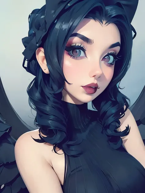 a close up of a woman in a black dress posing for a picture, amouranth, better known as amouranth, amouranth as a super villain, jaw-dropping beauty, young beautiful amouranth, pinup, pinup body, jaw dropping beauty, lilith, sexy look, very beautiful goth ...