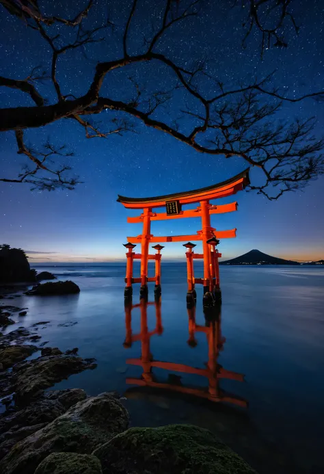 An arafe image of Torii in the middle of the ocean, torii Kiyomoto wrote, inspired torii Kiyomoto wrote, Underwater Shrine , torii, by Torii Kiyomasu II, By Torii Kiyomasu,   Japanese Shrine, Mysterious setting, by Torii Kiyomitsu  , Japan at Night