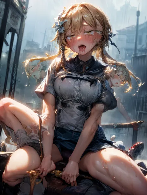 masterpiece, best quality,  8k resolution for kindergarden ren 、 (( best quality))、Anatomically Correct Female、(とても小さな女の子が Squatで腰をおろしている。 holding an umbrella 。 poop sitting。On the steel tower。 straddling the end of a steel tower。Iron Spear。Figure riding a...