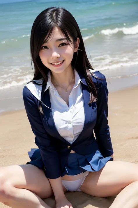 ((Beach Background)) (((((spread legs))))) upskirt,Under skirt,Peeking,Voyeur, Panchira,(( M-shaped leg opening)),(( sit with your legs wide apart)),  female middle school student,Front view,uniform, navy blue blazer, low angle,(( navy blue micro pleated m...