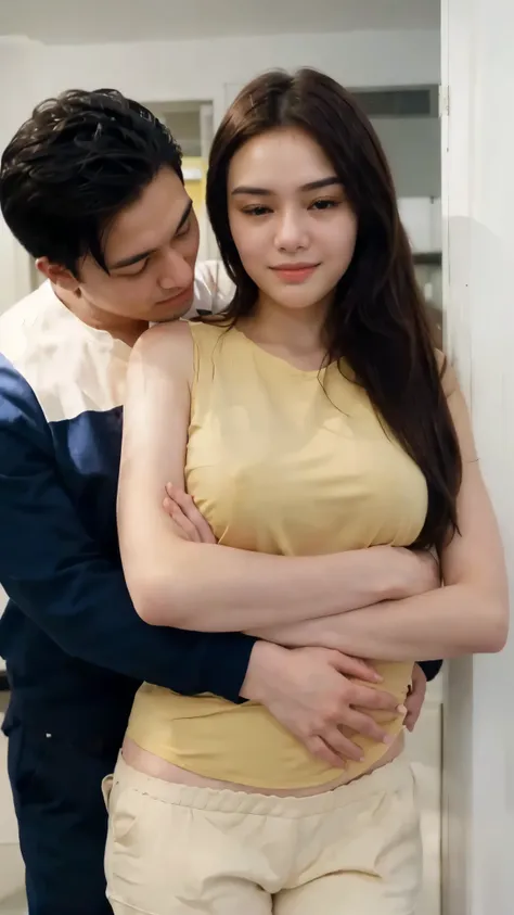 a man and woman hugging each other in a room, duy beni serial, unreal ungine 5, amanda manopo (huge breast, open breast), man grabbing a womans waist, arm around her neck, couple pose, belly button showing, 😭🤮 💔, sie boob, gentle calm doting pose, amanda m...