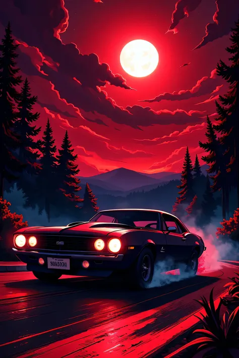 masterpiece， best quality， High image quality，( super flat , Flat Shading ) Arafed, Dark fantasy art, Art Deco style, fantasy art, goth art, Chevrolet Camaro as a vampire car, black car, red lights, fangs driving at night, red clouds, full moon,  high deta...