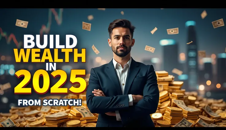 *"A powerful and eye-catching YouTube thumbnail featuring a confident young businessman in a sharp suit, standing in front of a **massive pile of cash, gold bars, and luxury assets** (sports car, real estate, and stock market charts). His arms are crossed,...