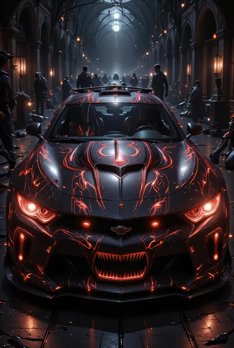 animation comic if a vampire was Chevrolet Camaro, incorporate horror motives and design, vibrant, Ultra-high resolution, High Contrast, (masterpiece:1.5), highest quality, Best aesthetics), best details, best quality, highres, 16k, (ultra detailed: 1.5), ...