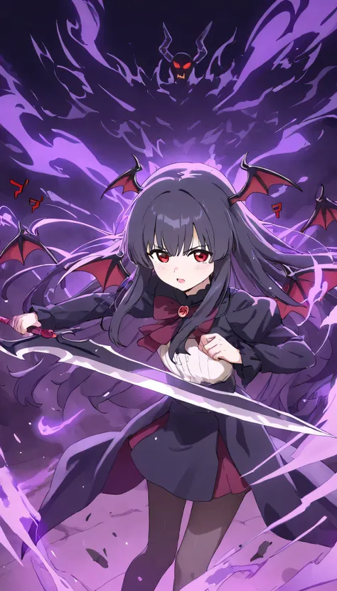 Red eyes, holding two demon swords, releasing a menacing psyche, releasing a purple aura