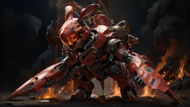 a slender rabbit robot with red and orange armor with black stripes. There is a laser cannon on its arm located around the volcanic magma