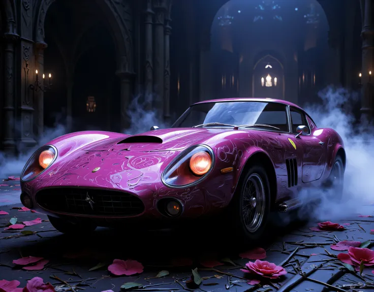 animation comic if a vampire was Ferrari 250 GTO, incorporate feminine motives and design,  vibrant, Ultra-high resolution, High Contrast, (masterpiece:1.5), highest quality, Best aesthetics), best details, best quality, highres, 16k, (ultra detailed: 1.5)...