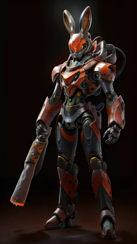 a slender rabbit robot with red and orange armor with black stripes. There is a laser cannon on his arm around the volcano