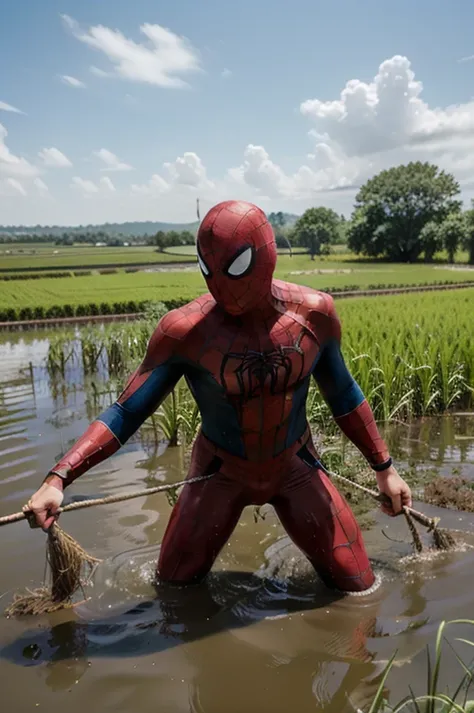 "Spiderman,  in his iconic blue red costume ,  appears to be busy in a vast paddy field . With outstretched hands ,  he carefully plants rice seedlings in wet ground . Beside him,  a large cow is pulled using a rope wrapped around his body ,  helps Spiderm...