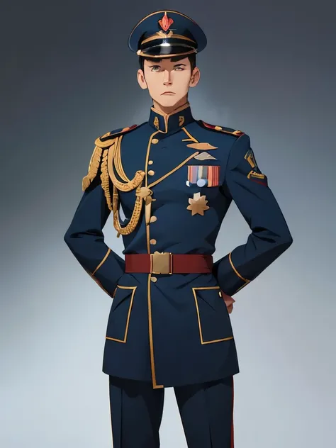 anime image of a man in uniform standing with his arms crossed, in a soldier uniform, in military uniform, roman shipunov, wearing a military uniform, wearing military uniform, tall anime guy with blue eyes, shuushuu anime image, in the anime film, delicat...