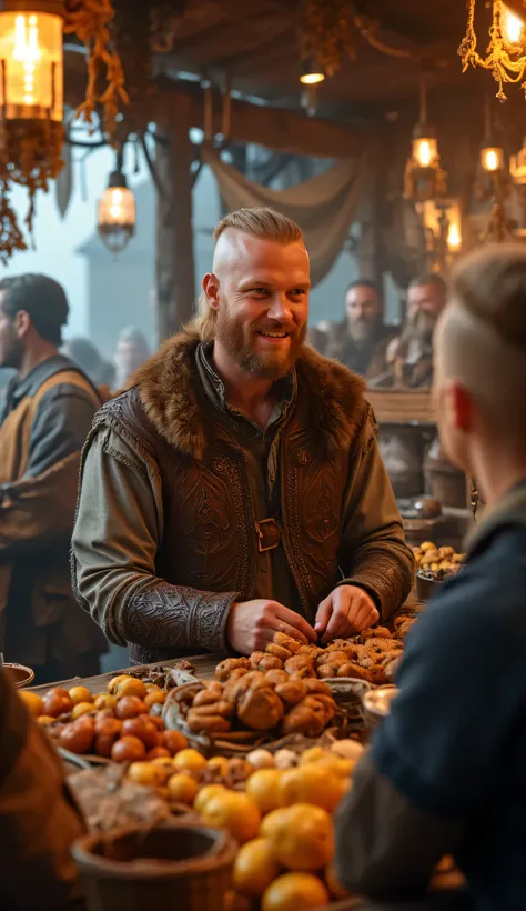 Prompt: Create a stunning ultra HD 8K image using Unreal Engine 5 that features a symmetrically panoramic scenery balanced composition of a realistically handsome Viking male merchant in full body. He is warmly engaging with customers in his merchant shop,...