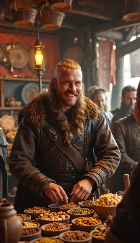 Prompt: medieval era, Create a stunning ultra HD 8K image using Unreal Engine 5 that features a symmetrically panoramic scenery balanced composition of a realistically handsome Viking male merchant in full body. He is warmly engaging with customers in his ...