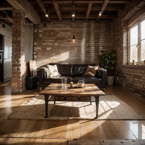 A stylish industrial background with a blend of exposed brick and raw concrete elements. The wooden floor is medium oak, adding a touch of warmth to contrast with the cool-toned bricks. Soft, directional lighting creates an elegant and high-end aesthetic f...