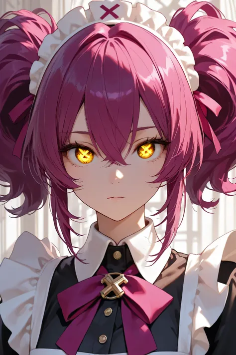 Expressionless women with golden eyes, x-shaped pupil of the eye, short hair, big hair pigtails , magenta hair and white dress