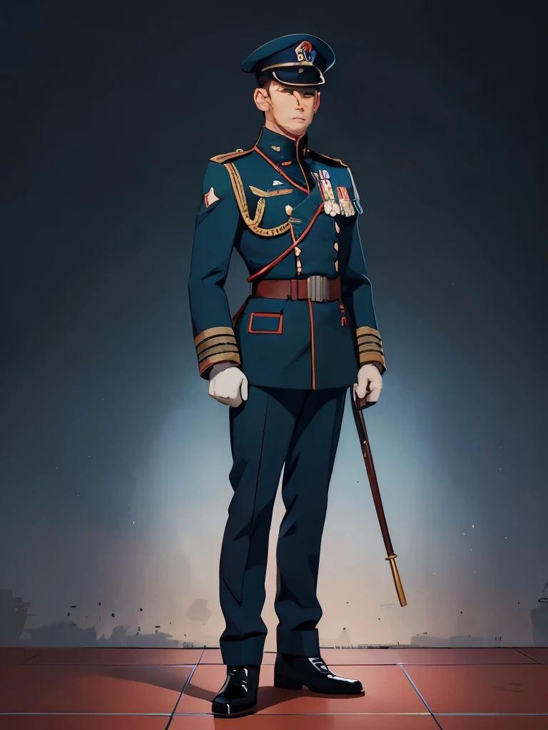 anime image of a man in uniform standing with his arms crossed, a character portrait inspired by Ryūsei Kishida, trending on pixiv, socialist realism, in a soldier uniform, in military uniform, roman shipunov, wearing a military uniform, wearing military u...