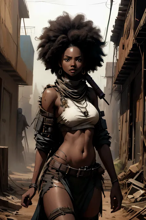 A beautiful young African woman with black skin and afro hair, she must be dressed indecently in torn and dirty apocalyptic clothes, showing her belly, she must also have an expression on her face expressing delinquency and frivolity. The photo must have a...