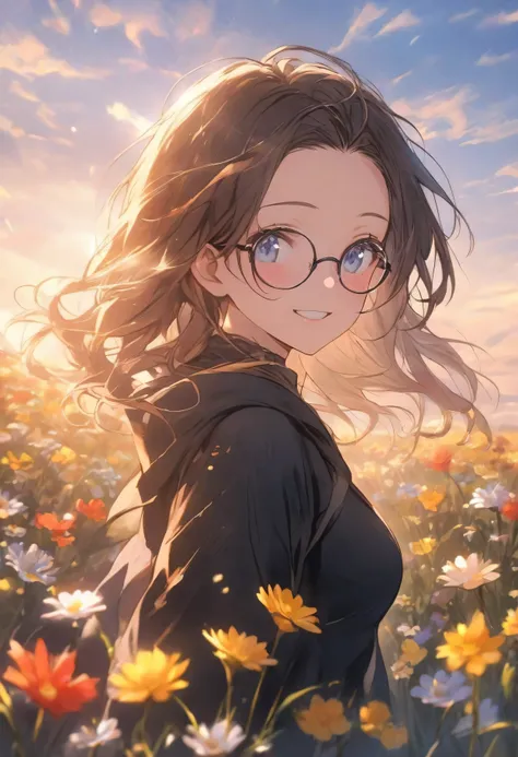 Anime woman alone (smile warm, long brown hair, clear forehead, blue eyes, black glasses, black hoodie, jeans ) walking in a springmeadow with wonderful flowers. Flowers bloom. sun ist shining, butterflys, warm , Evening atmosphere