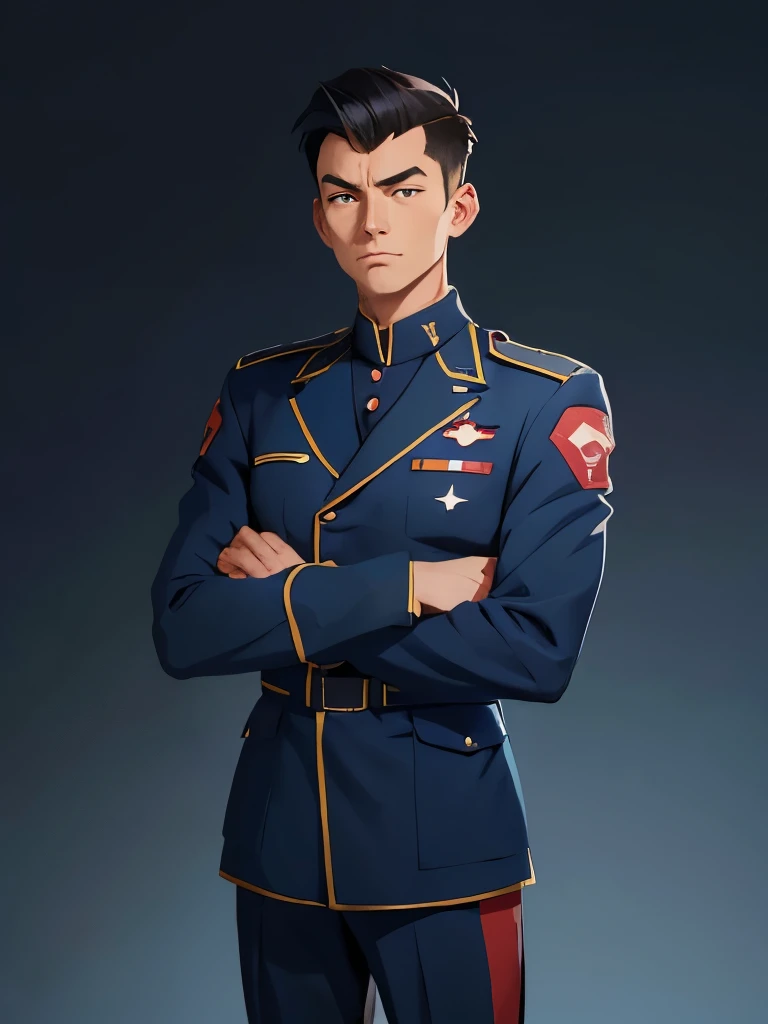 anime image of a man in uniform standing with his arms crossed, a character portrait inspired by Ryūsei Kishida, trending on pixiv, socialist realism, in a soldier uniform, in military uniform, roman shipunov, wearing a military uniform, wearing military u...