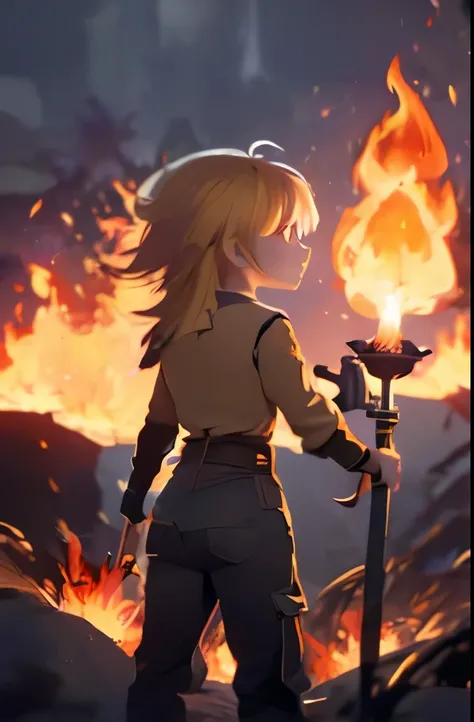 1girl, bangs, breathing fire, burning, burnt clothes, embers, ahoge, beige hair, multicolored hair, fire, flame, flaming sword, (hand on hilt), standing, long hair,  pyrokinesis, expressionless, smoke, flower(symbol),  solo, sparks, sunset, twilight, white...