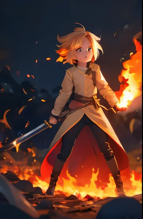 1girl, bangs, breathing fire, burning, burnt clothes, embers, ahoge, beige hair, multicolored hair, fire, flame, flaming sword, (hand on hilt), standing, long hair,  pyrokinesis, expressionless, smoke, flower(symbol),  solo, sparks, sunset, twilight, white...