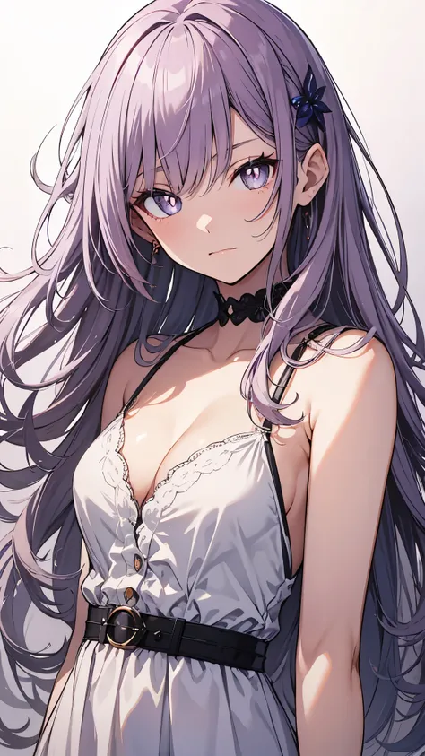 [[[ ultra-detailed, best quality, soft skin, beautiful face, masterpiece, close-up, modern setting, anime]]] medium length hair, light violet hair, lily hairpin, indigo eyes, white pupils, casual dress, gentle, fit body, smug, sharp