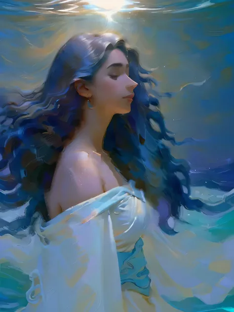 ((Naomi Scott, ((olive skin complexion, blue wavy long hair)), closed eyes, head tilted up, front view, wearing a white dress, under water, filtering sun light, light tones, fair tones, pastel colors.))