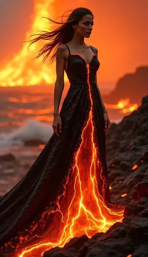 A woman standing in the midst of a volcanic eruption, surrounded by flowing magma. Her dress is a sophisticated masterpiece, made entirely of black magma, with intricate patterns of glowing, fiery lava weaving through the fabric. The lava drips down from t...