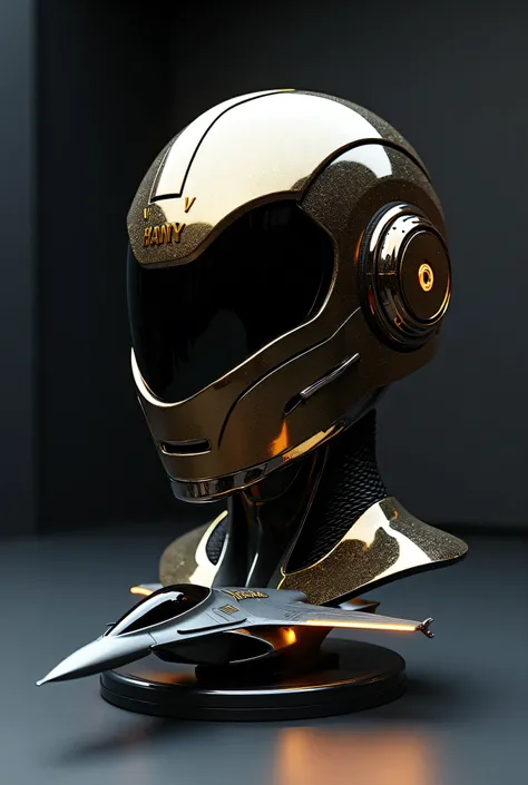 "A high-tech futuristic helmet with a sleek, armored design, made of glossy black and gold metallic materials. The helmet features a reflective, streamlined visor and intricate detailing, giving it a sophisticated and powerful look. The name 'HANY' is deep...