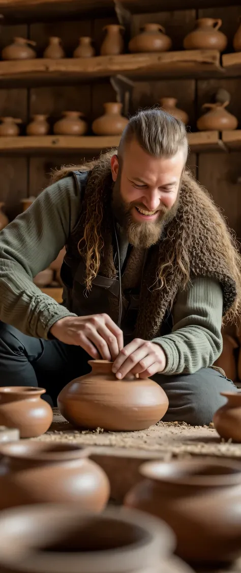 **Prompt**: Using Unreal Engine 5, craft a breathtaking ultra HD 8K image that showcases a symmetrically balanced panoramic view of a talented Viking male potter. This full-body portrayal captures him in mid-action, forming a clay pot in his artisan worksh...