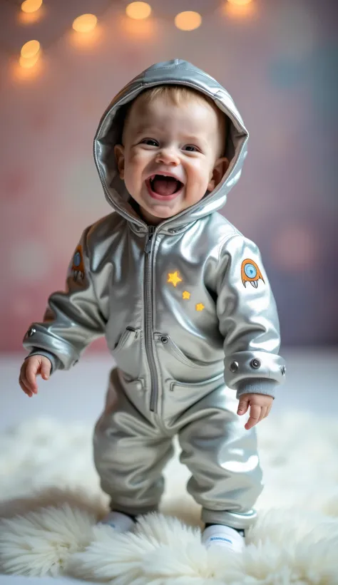 A cute baby boy wearing a futuristic silver astronaut suit with tiny rocket designs on the sleeves and a helmet-shaped hood, standing on a fluffy white rug and smiling excitedly. The outfit features glowing star patterns and a metallic texture. The backgro...