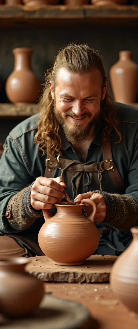 **Prompt**: medieval era, Using Unreal Engine 5, craft a breathtaking ultra HD 8K image that showcases a symmetrically balanced panoramic view of a talented Viking male potter. This full-body portrayal captures him in mid-action, forming a clay pot in his ...