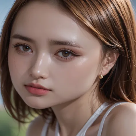 ( ultra realistic ,32K,  Raw Photo  :1.1),(high detailed skin:1.1),  8k uhd, dslr,  high quality ,  Film Grain , ( Makeup  , Mascara:1.1),   bright color gradation  , Alone,   1girl  , blonde bob  , (Green eyes:0.9), no brale  ,   see-through tight tank to...