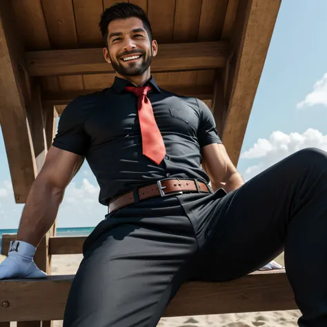 37 years old、handsome guy , One Man,、 muscularity、Asian handsome face 。 black shirt , red tie、 black slim pants 、Morning seaside、On the beach、 on the lawn 、sit。 black shirt、 red tie、 black slim pants 、 upper body up　geff Bridges,　Front  　Menacing look　 bla...