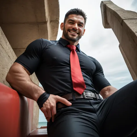 37 years old、handsome guy , One Man,、 muscularity、Asian handsome face 。 black shirt , red tie、 black slim pants 、Morning seaside、On the beach、 on the lawn 、sit。 black shirt、 red tie、 black slim pants 、 upper body up　geff Bridges,　Front  　Menacing look　 bla...