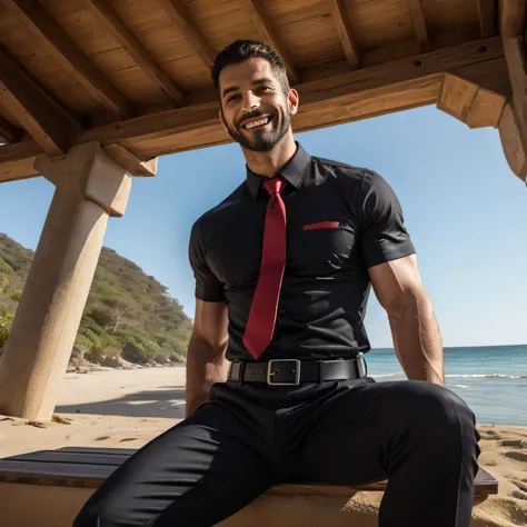 37 years old、handsome guy , One Man,、 muscularity、 arabic face。 black shirt , red tie、 black slim pants 、Morning seaside、On the beach、 on the lawn 、sit。 black shirt、 red tie、 black slim pants 、 upper body up　geff Bridges,　Front  　Menacing look　 black belt　...