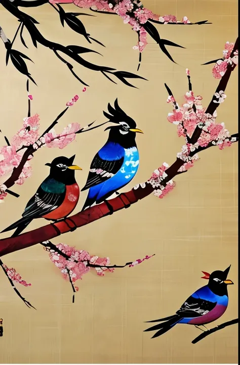 three birds sitting on a branch of a tree with flowers, a detailed painting by Li Keran, trending on pixabay, sōsaku hanga, mystical birds, colorful birds, chinese painting style, traditional chinese painting, traditional chinese art, chinese style paintin...