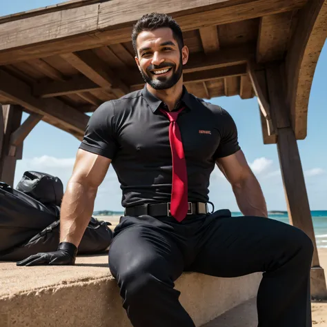 37 years old、handsome guy , One Man,、 muscularity、 arabic face。 black shirt , red tie、 black slim pants 、Morning seaside、On the beach、 on the lawn 、sit。 black shirt、 red tie、 black slim pants 、 upper body up　geff Bridges,　Front  　Menacing look　 black belt　...