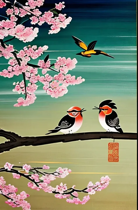 three birds sitting on a branch of a tree with flowers, a detailed painting by Li Keran, trending on pixabay, sōsaku hanga, mystical birds, colorful birds, chinese painting style, traditional chinese painting, traditional chinese art, chinese style paintin...