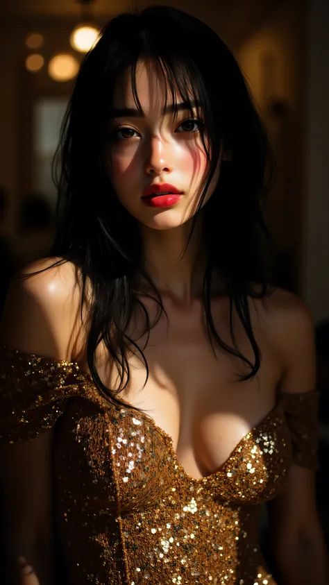 8k, masterpiece, highest quality, woman, long black hair, red lipstick, glamorous, golden sequin off-shoulder dress, bokeh background, studio lighting, soft focus, elegant pose, fashion photography, high-end glamour, cinematic lighting, shallow depth of fi...