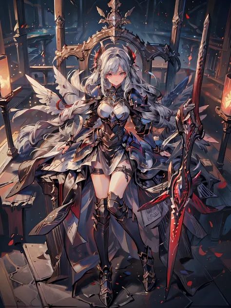 (((masterpiece, best quality, high detailed, 16k))) (detailed description), (( best CG )), Highly Detailed Art, (Art with Precise Details:1.5), (Female Fallen Angel user:1.5), (Beautiful and well-proportioned face:1.3,anger), female angel holding a huge sw...
