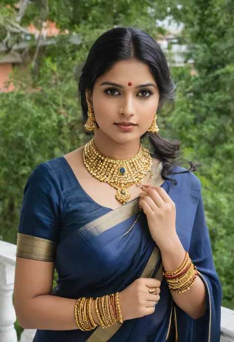 A stunning young woman with a curvy physique, dressed in a navy blue saree with a gold border, standing on a balcony. The saree is draped in a way that elegantly reveals her toned belly and enhances her deep neckline, showcasing her cleavage. She has long,...