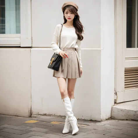 Best Quality, (Realistic Detailed), 16K, Ultra High Definition, High Resolution, Gentle Focus, Elegant, Full Body Portrait, (An Asian pretty woman who is standing in the square), wavy long hair, golden, beautiful, smooth, light pale white skin, perfect bod...