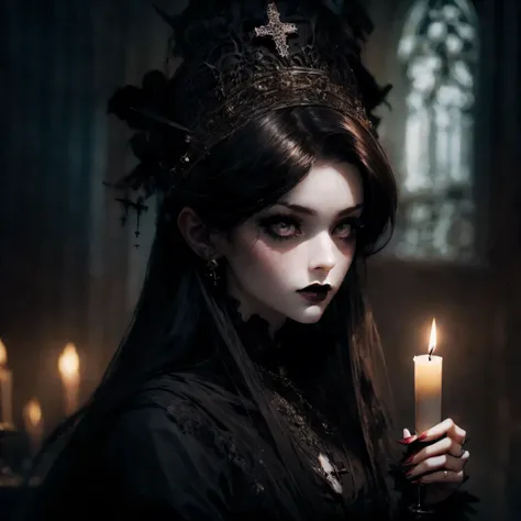 HighestQuali，tmasterpiece：1.2，Detailed details，1 Gothic girl，Black victorian dress，Gorgeous headdress，Bust，Rose flower，crosses，silver ornaments 、redheadwear、blond hair with victorian updo hairstyle 、paleskin、Black lipstick and eye shadow，Accessories includ...