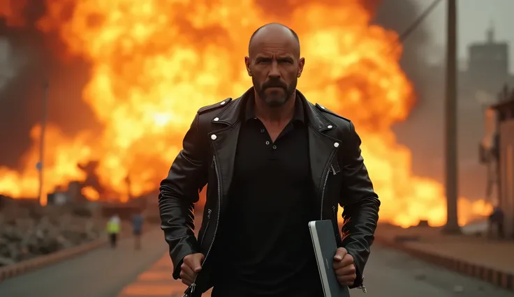  super realistic photo, photo of Jason Statham in the background of the big explosion of a factory on the street, brilliant bald head ,  Shiny skin , Jason Statham in a leather jacket and black polo shirt is running from the epicenter of the explosion, Jas...