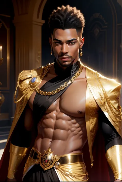 
           handsome black man in open prince costume shirtless,  pele negra,  gold details, empty royal ballroom , high detail, Fantasy,  pele negra, high detail