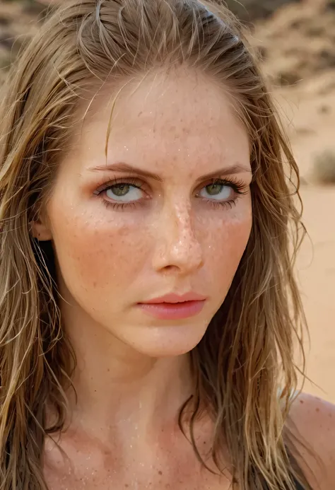 score_9,score_8_up,score_7_up,  a extreme beautiful 14yo woman, (((high detailed face))), (((hiper realistic face))), ((high detailed eyes)). Create an image of a thin, athletic woman, ((wet hair)), dirty, She is a soldier in a war and desert environment. ...