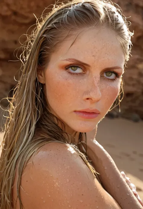 score_9,score_8_up,score_7_up,  a extreme beautiful 14yo woman, (((high detailed face))), (((hiper realistic face))), ((high detailed eyes)). Create an image of a thin, athletic woman, ((wet hair)), dirty, She is a soldier in a war and desert environment. ...