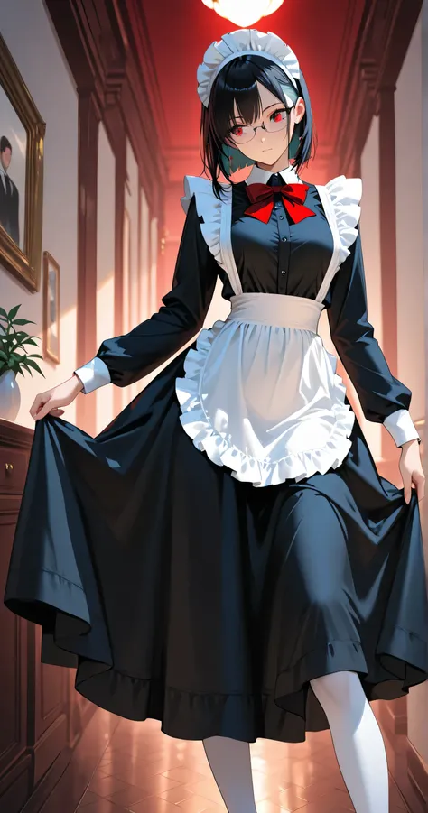 insanely detailed,  
She is beautiful.  
She is standing, 
upper body, front view,   
She wearing a classical Maid, 
apron, (red bow), dress, Frills, Maid, Maid apron, Maid headdress, Mary Jane, shoes, (black long dress), (white thigh-high socks), (black f...